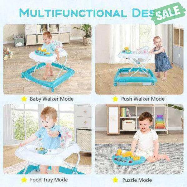 Foldable Baby Walker with 3 Adjustable Heights and Padded Seat-Blue Baby Walkers