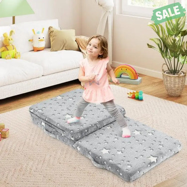 Foldable Floor Mattress for Kids with Washable Flannel Cover-Dark Gray