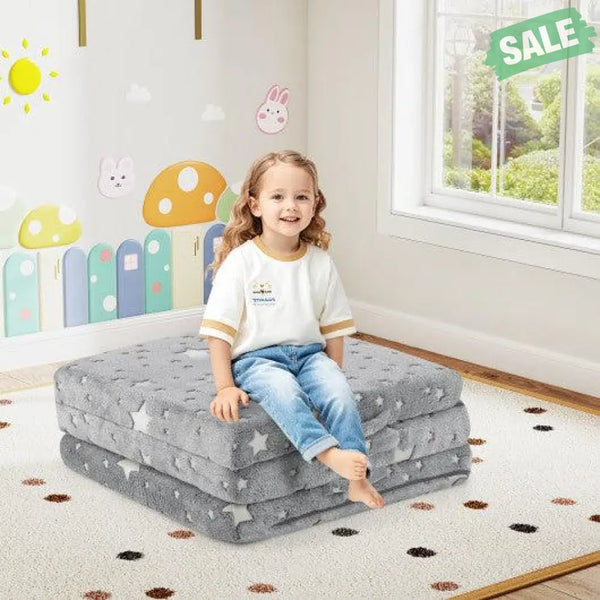 Foldable Floor Mattress for Kids with Washable Flannel Cover-Dark Gray