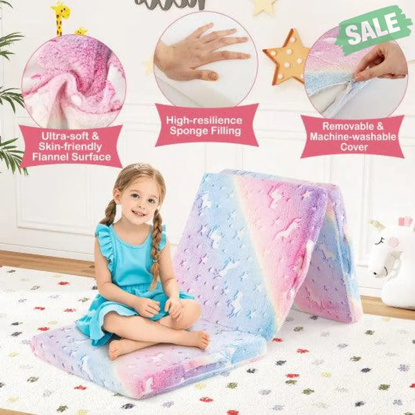 Foldable Floor Mattress for Kids with Washable Flannel Cover-Multicolor