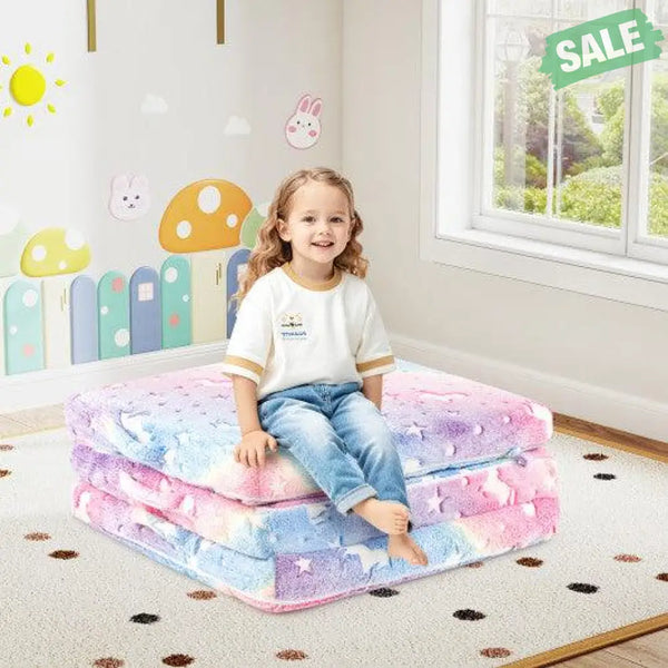 Foldable Floor Mattress for Kids with Washable Flannel Cover-Multicolor