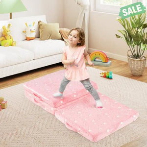 Foldable Floor Mattress for Kids with Washable Flannel Cover-Pink
