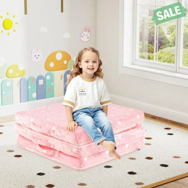 Foldable Floor Mattress for Kids with Washable Flannel Cover-Pink