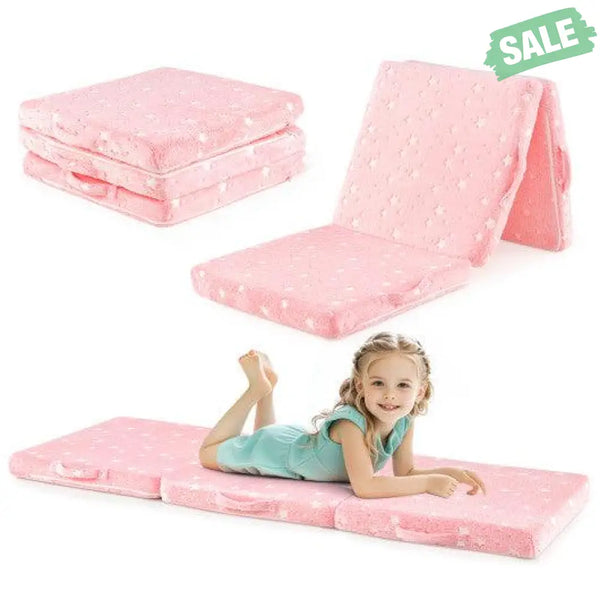 Foldable Floor Mattress for Kids with Washable Flannel Cover-Pink