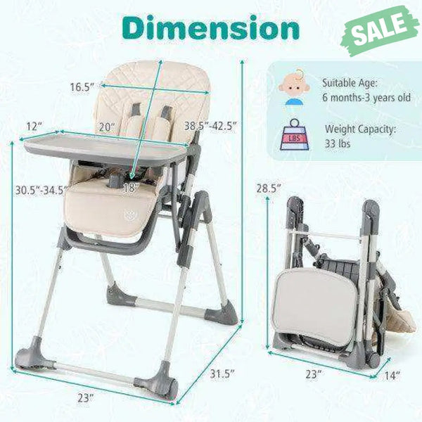 Foldable High Chair with Footrest and Detachable Tray-Beige Beige High Chairs