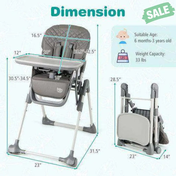 Foldable High Chair with Footrest and Detachable Tray-Gray