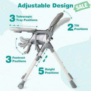 Foldable High Chair with Footrest and Detachable Tray-Gray