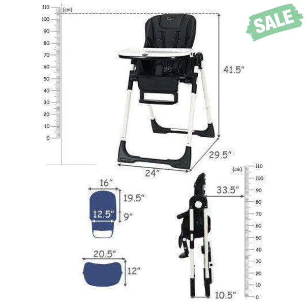 Foldable High chair with Multiple Adjustable Backrest-Black Black High Chairs