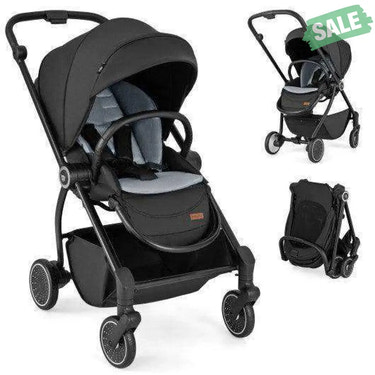 Foldable Infant Pram Stroller with Reversible Seat Reclining Backrest-Black