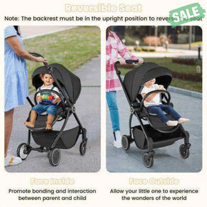 Foldable Infant Pram Stroller with Reversible Seat Reclining Backrest-Black