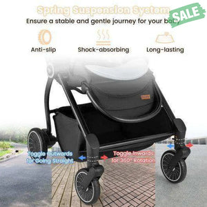 Foldable Infant Pram Stroller with Reversible Seat Reclining Backrest-Gray