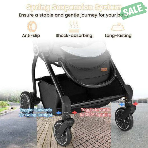 Foldable Infant Pram Stroller with Reversible Seat Reclining Backrest-Gray