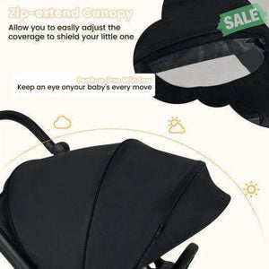 Foldable Infant Pram Stroller with Reversible Seat Reclining Backrest-Black
