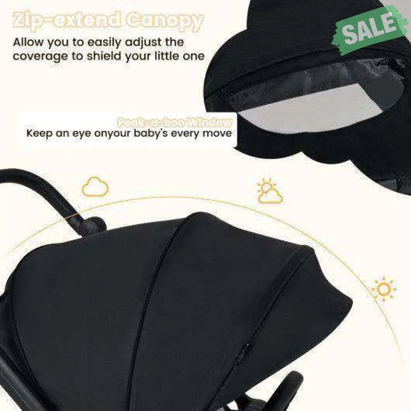 Foldable Infant Pram Stroller with Reversible Seat Reclining Backrest-Black