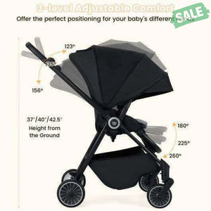 Foldable Infant Pram Stroller with Reversible Seat Reclining Backrest-Black