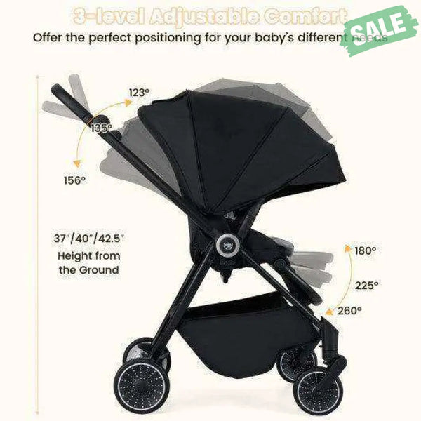 Foldable Infant Pram Stroller with Reversible Seat Reclining Backrest-Black