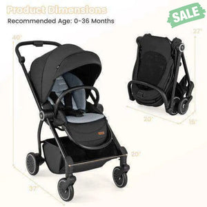 Foldable Infant Pram Stroller with Reversible Seat Reclining Backrest-Black
