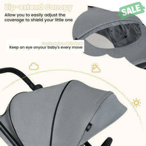 Foldable Infant Pram Stroller with Reversible Seat Reclining Backrest-Gray