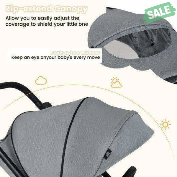 Foldable Infant Pram Stroller with Reversible Seat Reclining Backrest-Gray
