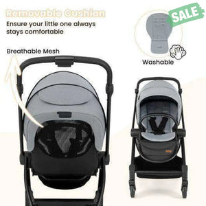 Foldable Infant Pram Stroller with Reversible Seat Reclining Backrest-Gray