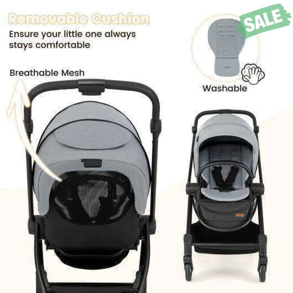 Foldable Infant Pram Stroller with Reversible Seat Reclining Backrest-Gray