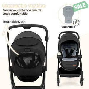 Foldable Infant Pram Stroller with Reversible Seat Reclining Backrest-Black