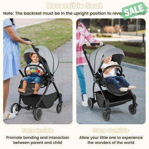 Foldable Infant Pram Stroller with Reversible Seat Reclining Backrest-Gray