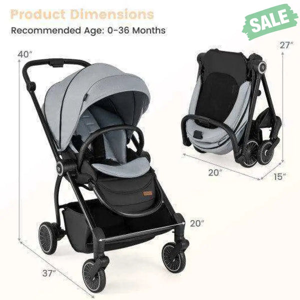 Foldable Infant Pram Stroller with Reversible Seat Reclining Backrest-Gray