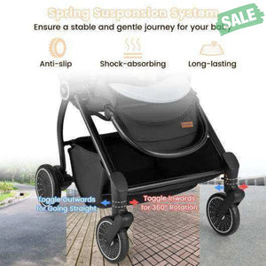 Foldable Infant Pram Stroller with Reversible Seat Reclining Backrest-Black