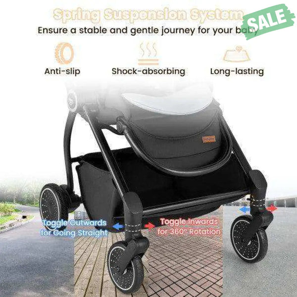 Foldable Infant Pram Stroller with Reversible Seat Reclining Backrest-Black