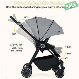 Foldable Infant Pram Stroller with Reversible Seat Reclining Backrest-Gray