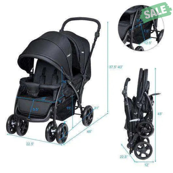 Foldable Lightweight Front Back Seats Double Baby Stroller-Black Black Baby Strollers