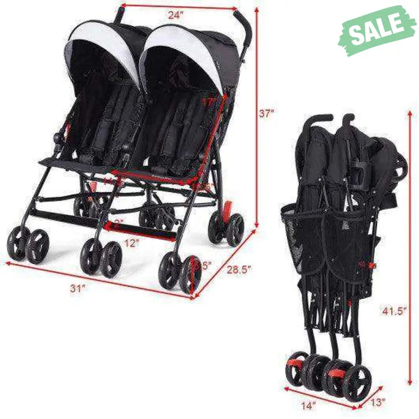 Foldable Twin Baby Double Stroller Ultralight Umbrella Kids Stroller-Black Black Baby Strollers