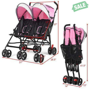 Foldable Twin Baby Double Stroller Ultralight Umbrella Kids Stroller-Pink