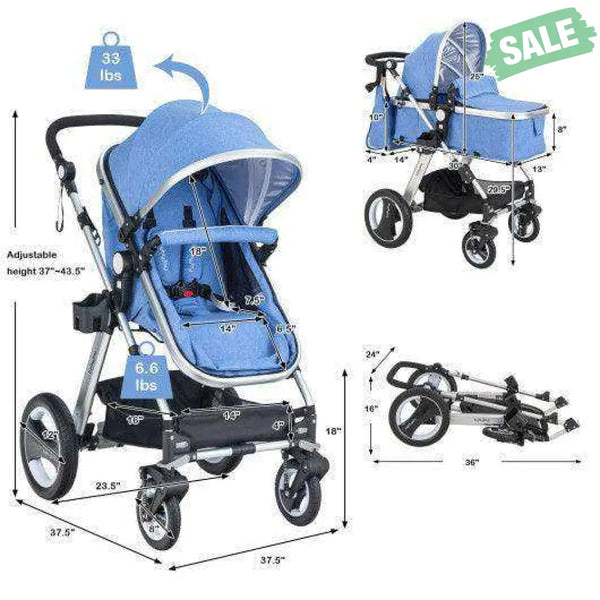 Folding Aluminum Baby Stroller Baby Jogger with Diaper Bag-Blue Blue Baby Strollers