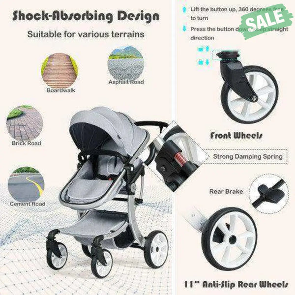 Folding Aluminum Infant Reversible Stroller with Diaper Bag-Beige Beige Baby Strollers