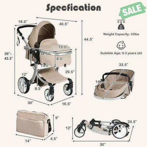 Folding Aluminum Infant Reversible Stroller with Diaper Bag-Beige Beige Baby Strollers