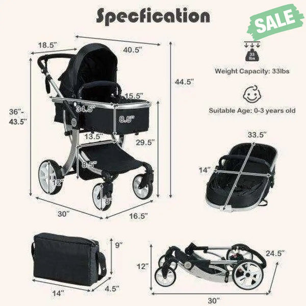 Folding Aluminum Infant Reversible Stroller with Diaper Bag-Beige Beige Baby Strollers