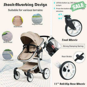 Folding Aluminum Infant Reversible Stroller with Diaper Bag-Beige Beige Baby Strollers
