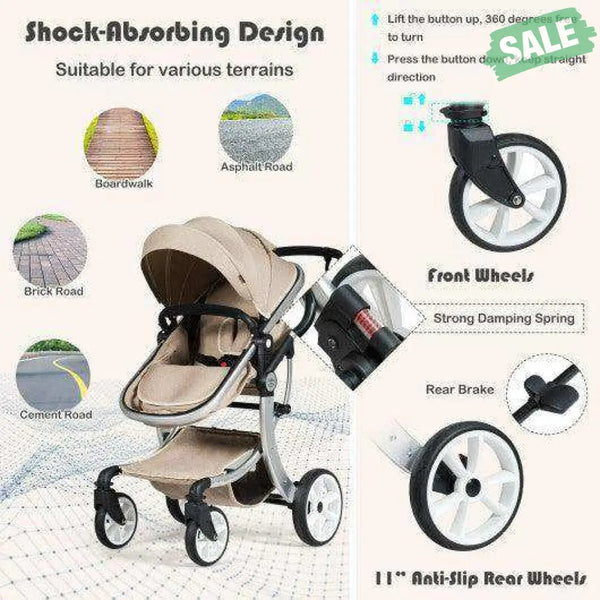 Folding Aluminum Infant Reversible Stroller with Diaper Bag-Beige Beige Baby Strollers