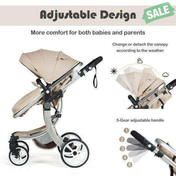 Folding Aluminum Infant Reversible Stroller with Diaper Bag-Beige Beige Baby Strollers
