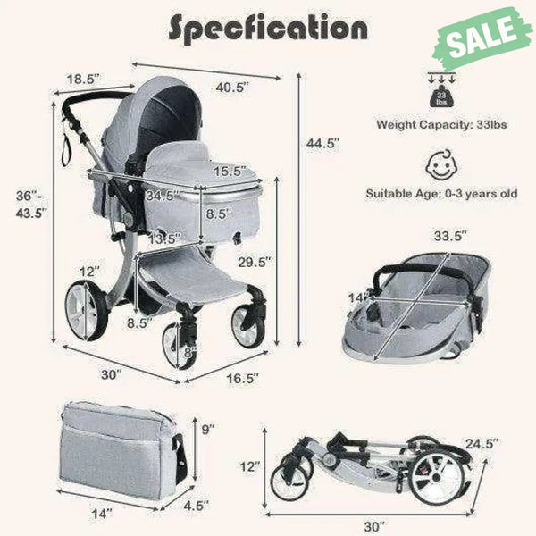 Folding Aluminum Infant Reversible Stroller with Diaper Bag-Beige Beige Baby Strollers