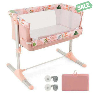 Folding Baby Bassinet Bedside Sleeper with 4 Adjustable Heights-Pink Bassinets & Bedside Sleepers