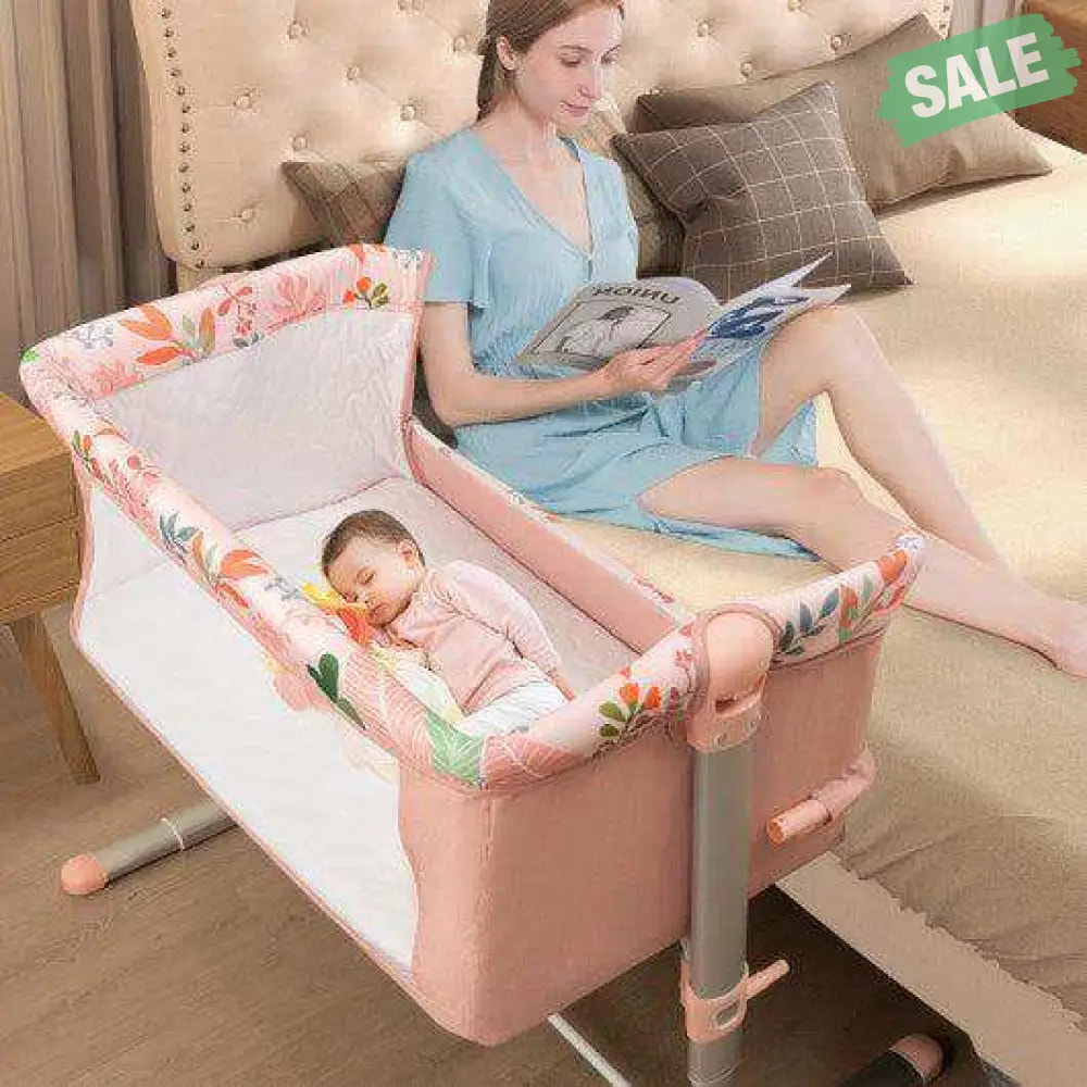 Folding Baby Bassinet Bedside Sleeper with 4 Adjustable Heights-Pink Bassinets & Bedside Sleepers