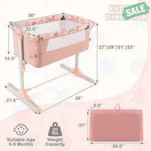 Folding Baby Bassinet Bedside Sleeper with 4 Adjustable Heights-Pink Bassinets & Bedside Sleepers