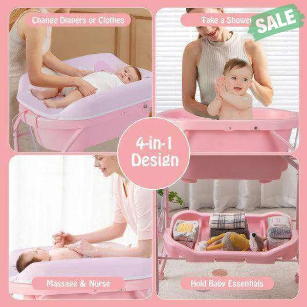 Folding Baby Changing Table with Bathtub and 4 Universal Wheels-Pink