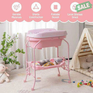 Folding Baby Changing Table with Bathtub and 4 Universal Wheels-Pink
