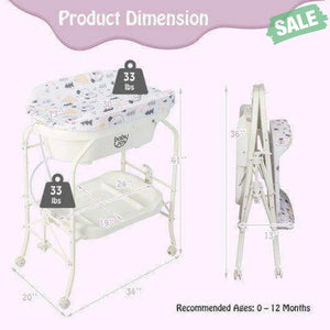 Folding Baby Changing Table with Bathtub and 4 Universal Wheels-White