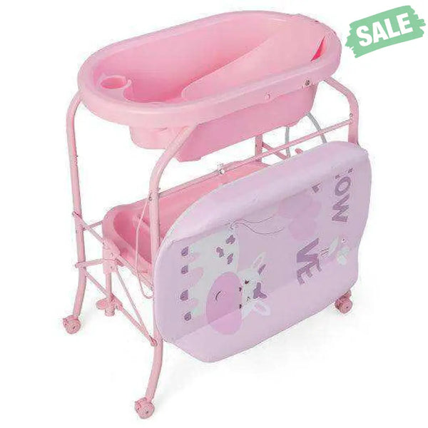 Folding Baby Changing Table with Bathtub and 4 Universal Wheels-Pink