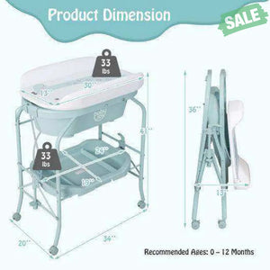 Folding Baby Changing Table with Bathtub and 4 Universal Wheels-Blue